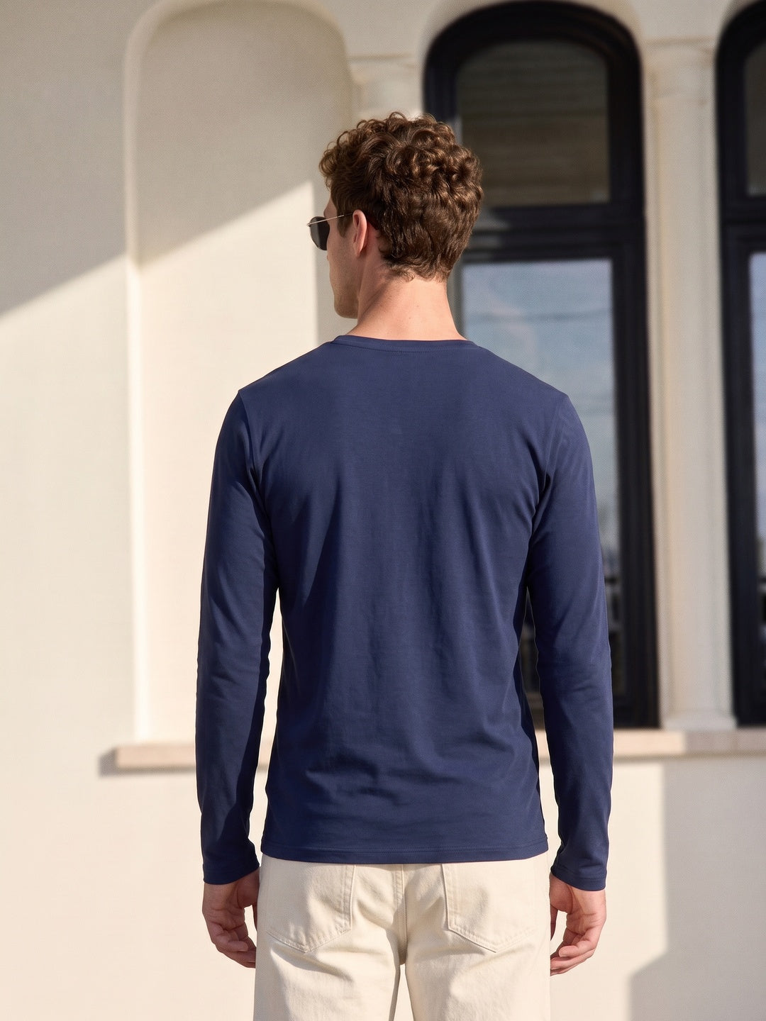 Navy Plain Full Sleeves V-Neck Regular Fit T-shirt