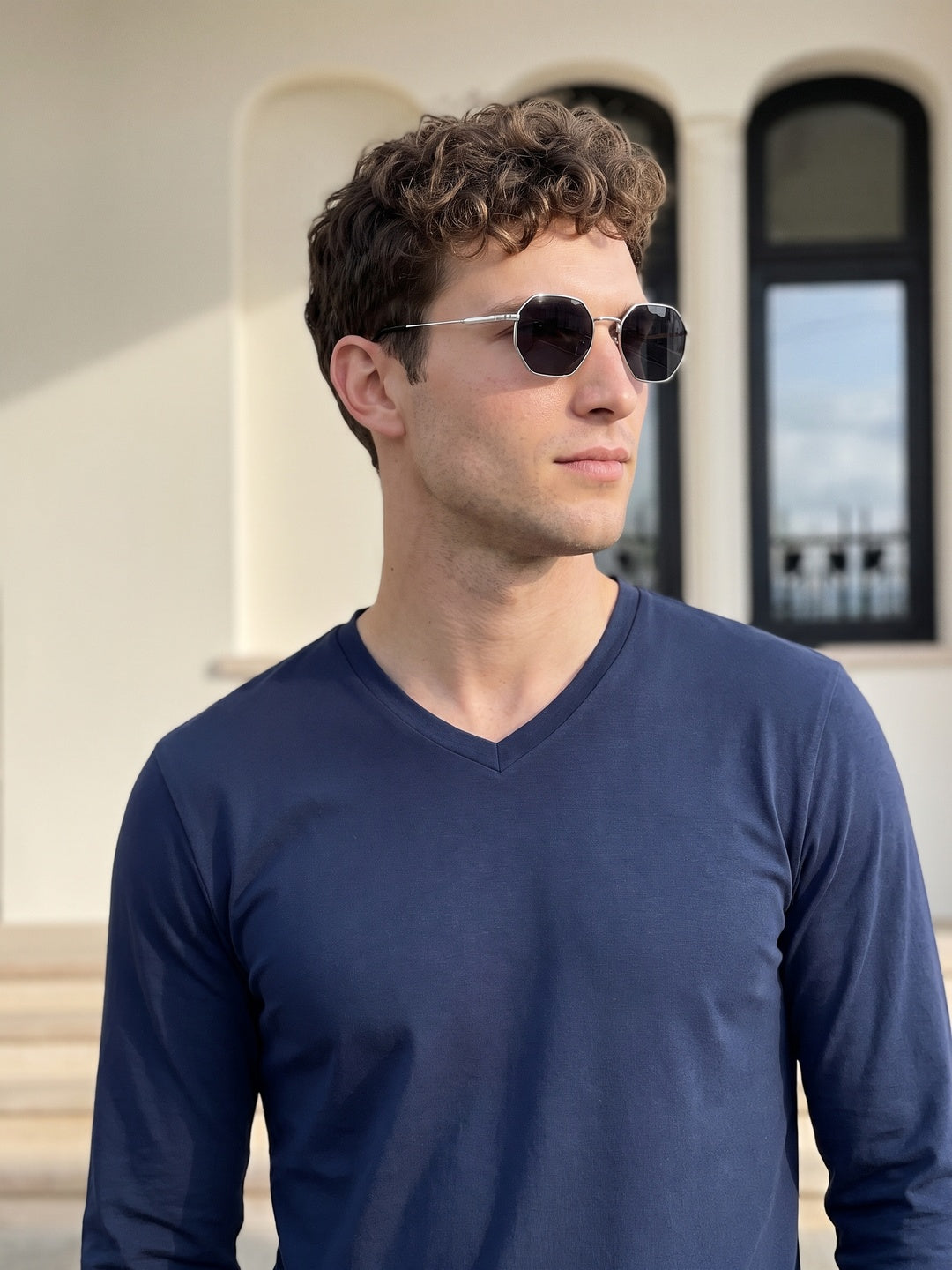 Navy Plain Full Sleeves V-Neck Regular Fit T-shirt