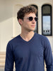 Navy Plain Full Sleeves V-Neck Regular Fit T-shirt