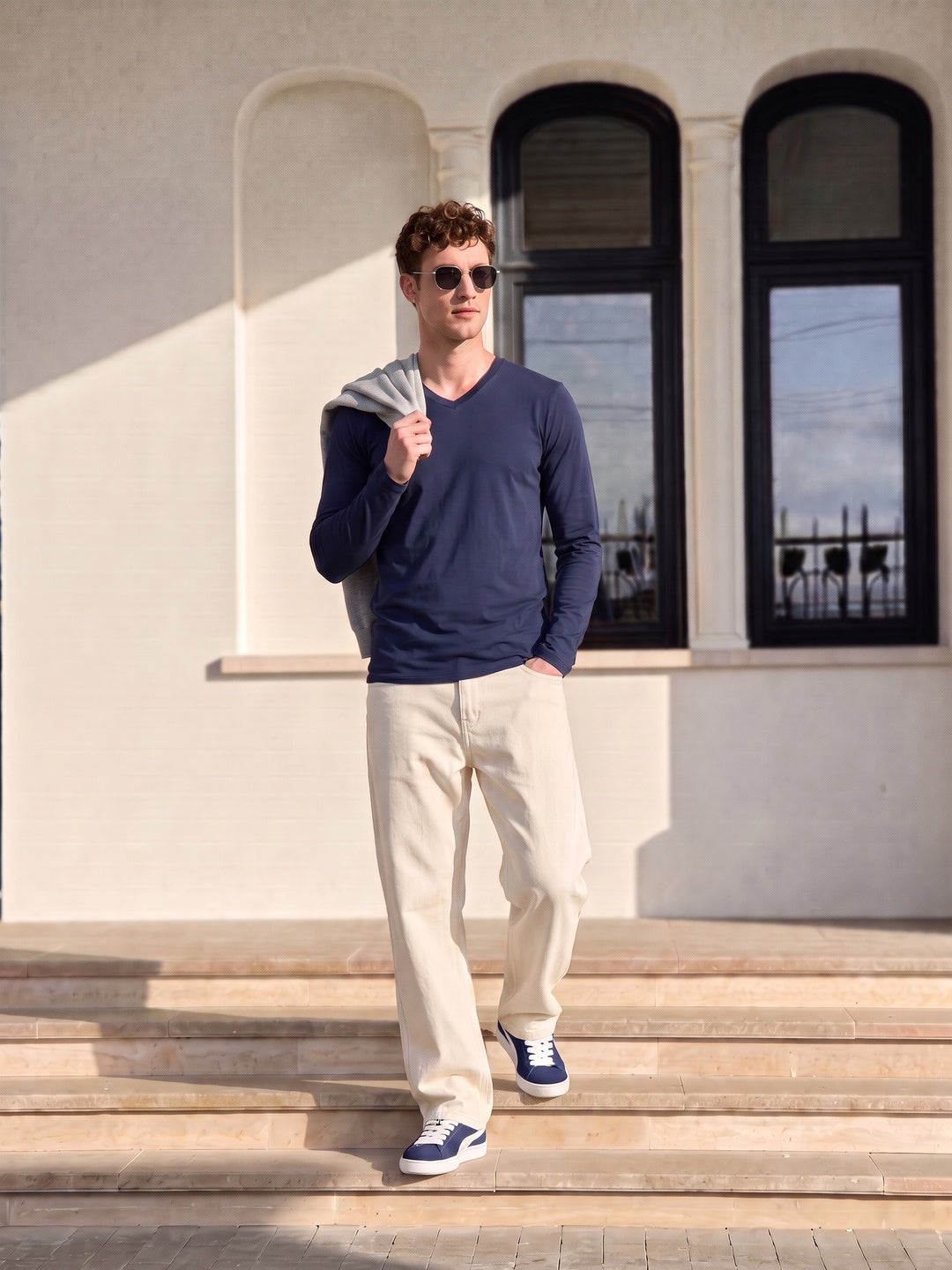 Navy Plain Full Sleeves V-Neck Regular Fit T-shirt