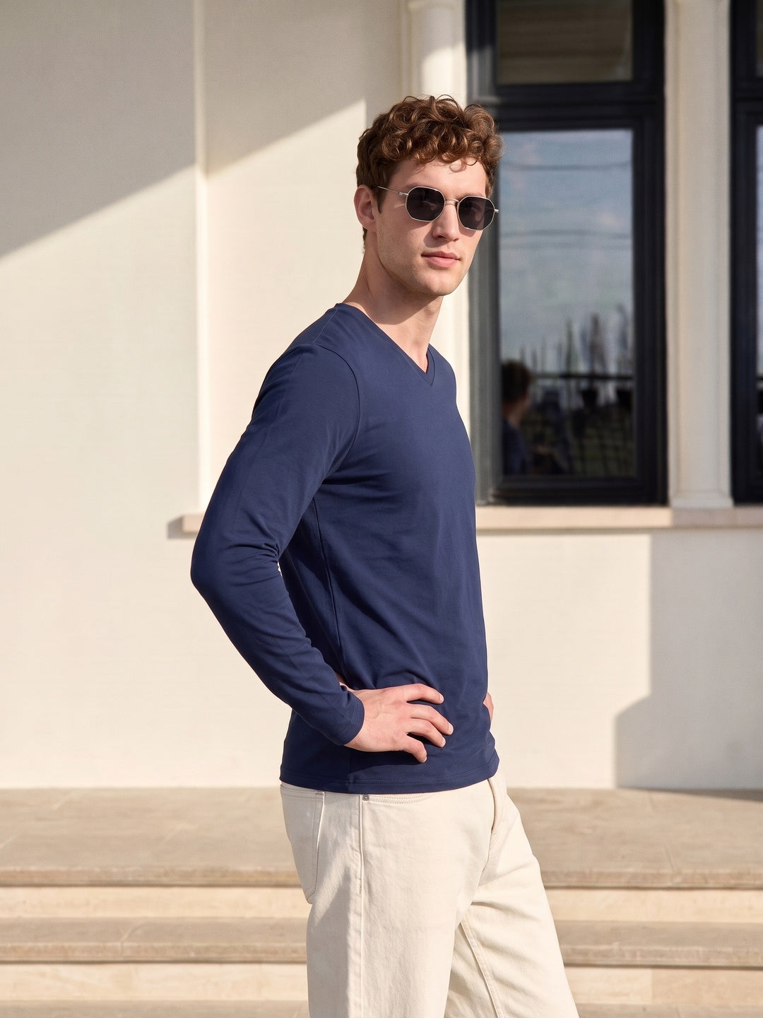 Navy Plain Full Sleeves V-Neck Regular Fit T-shirt
