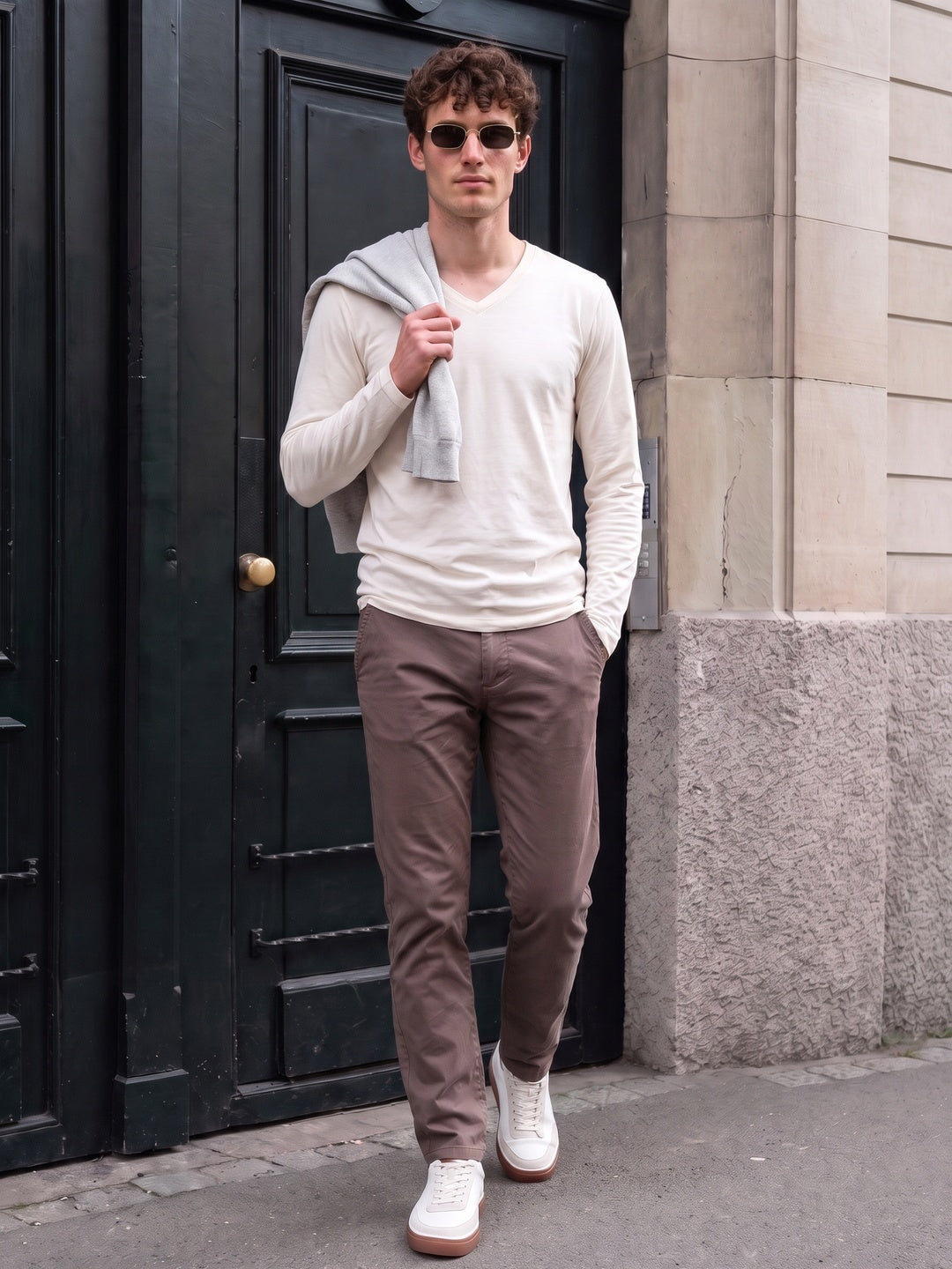 Swanwhite Plain Full Sleeves V-Neck Regular Fit T-shirt