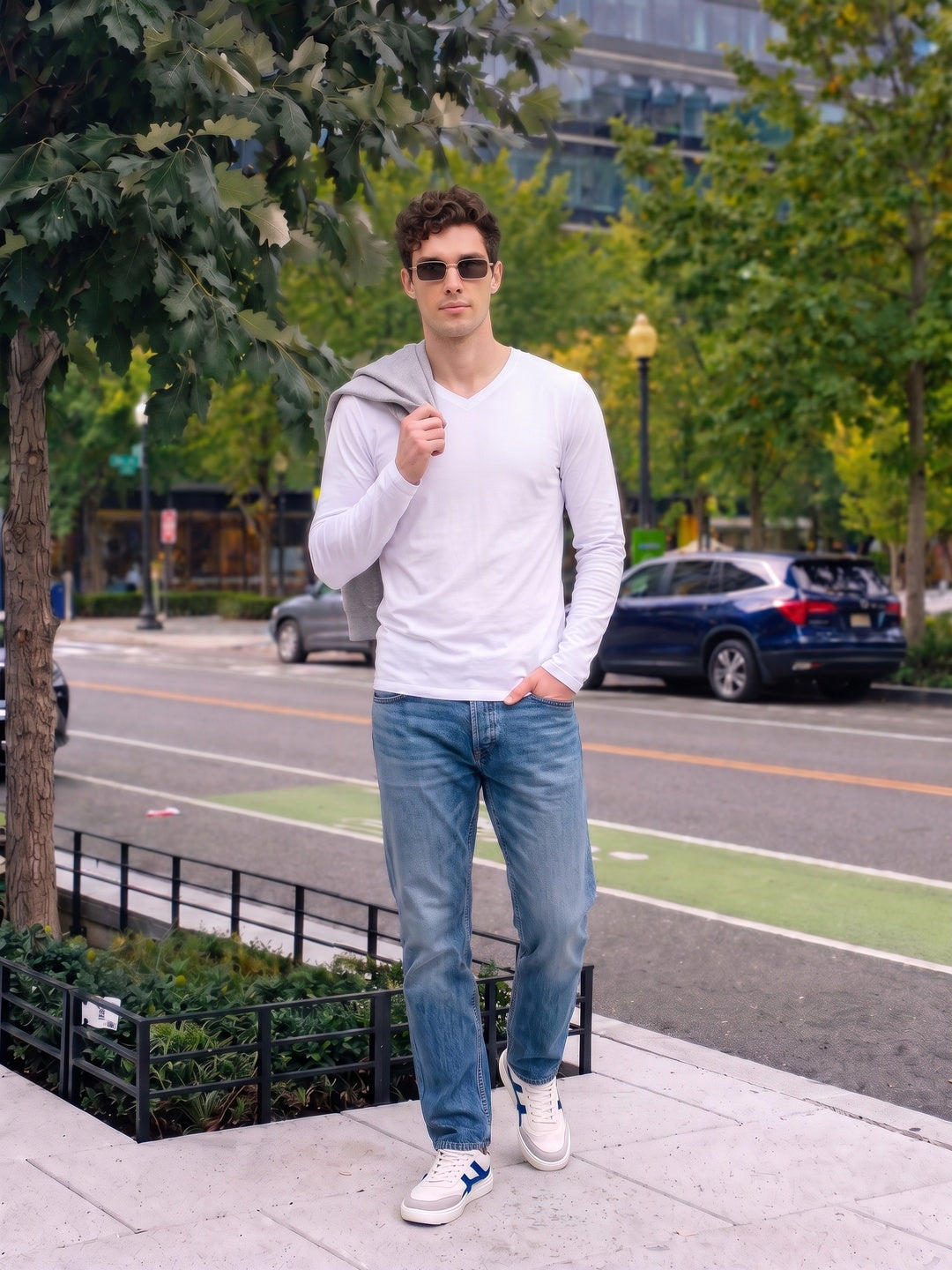 White Plain Full Sleeves V-Neck Regular Fit T-shirt