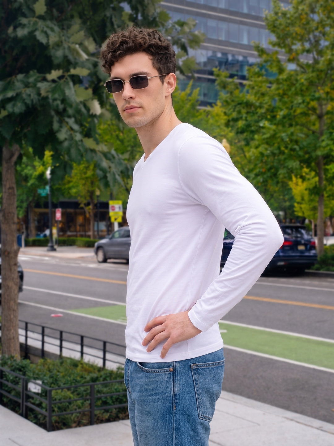 White Plain Full Sleeves V-Neck Regular Fit T-shirt