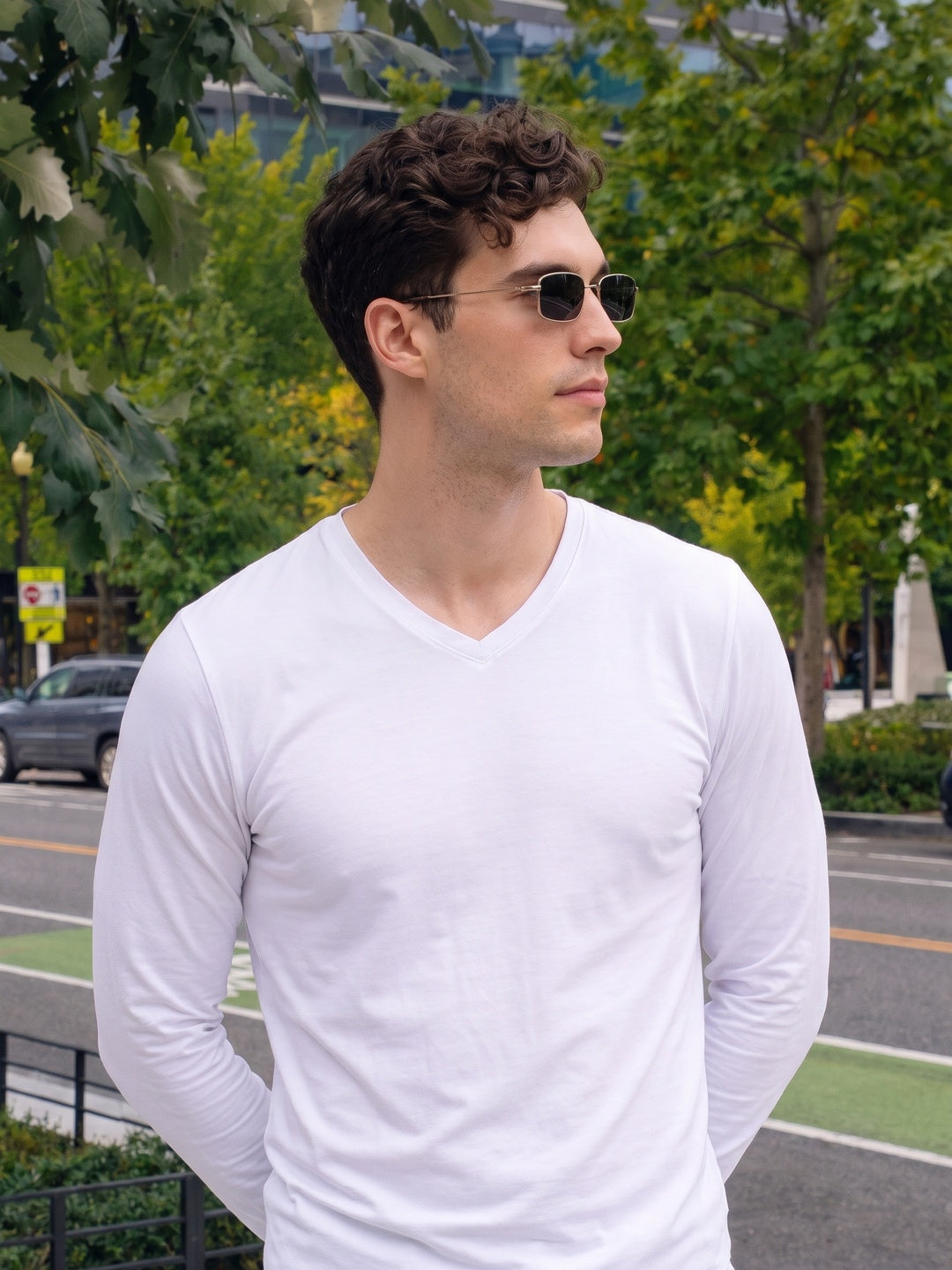 White Plain Full Sleeves V-Neck Regular Fit T-shirt