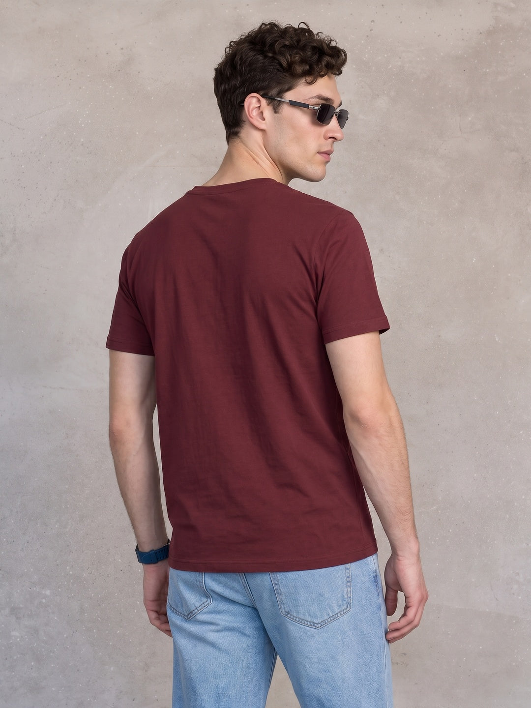 Maroon Plain V-Neck Regular Fit T-shirt