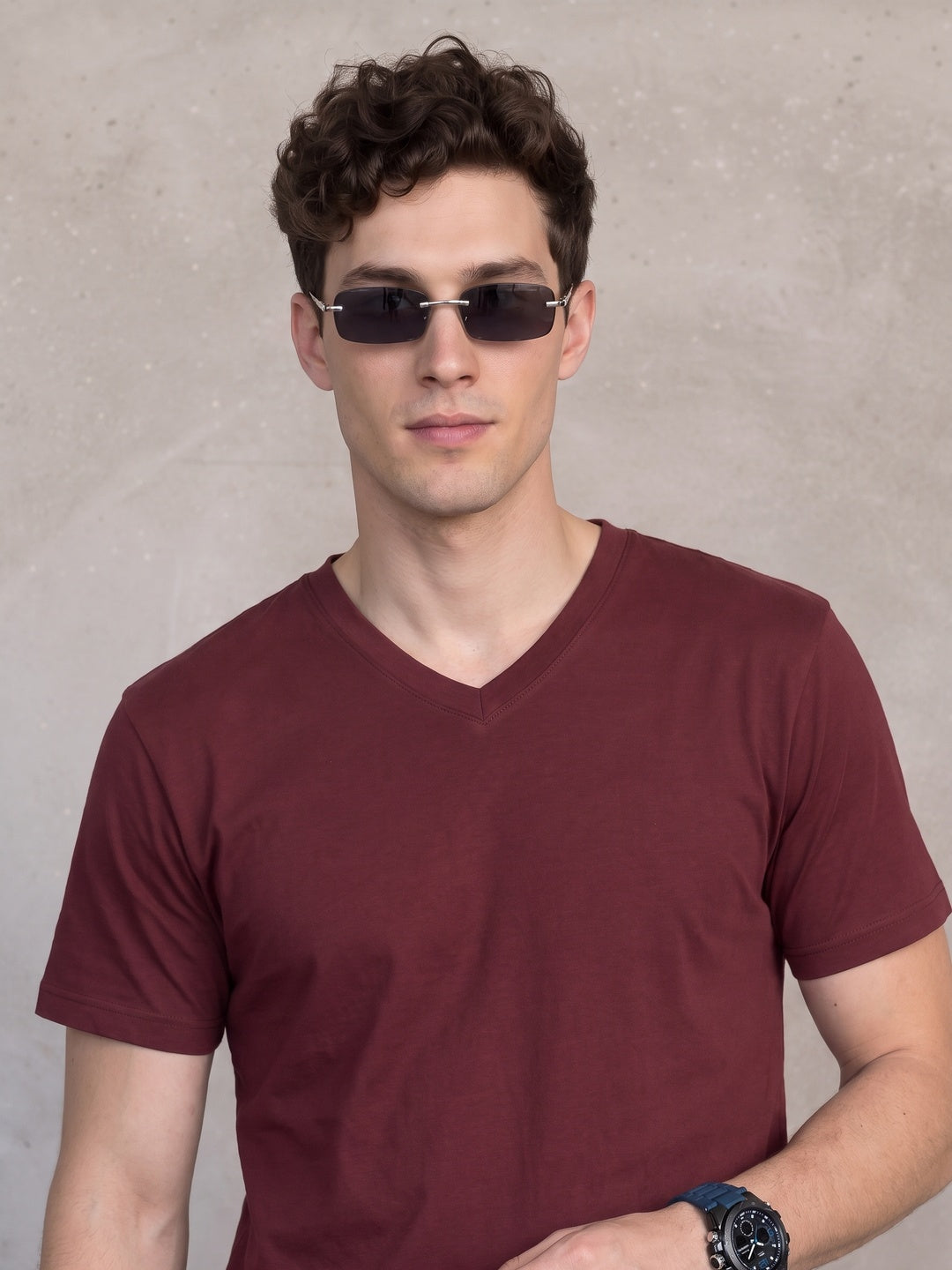 Maroon Plain V-Neck Regular Fit T-shirt