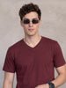 Maroon Plain V-Neck Regular Fit T-shirt