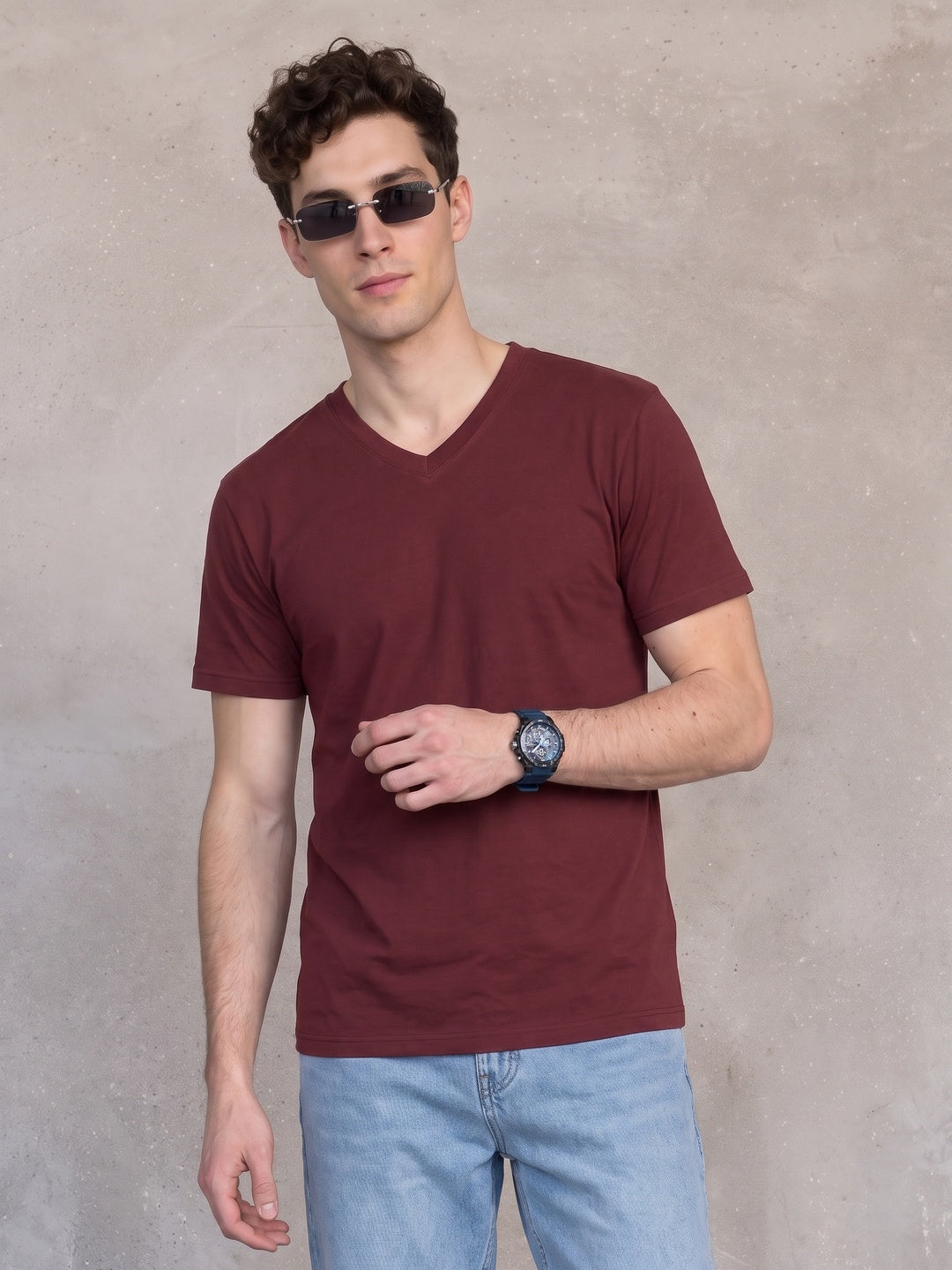 Maroon Plain V-Neck Regular Fit T-shirt