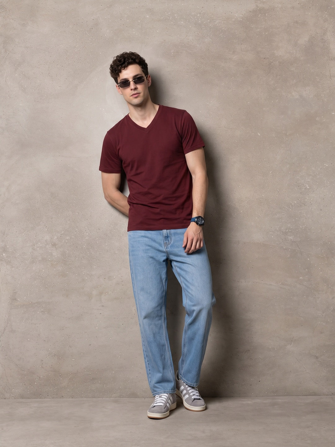 Maroon Plain V-Neck Regular Fit T-shirt