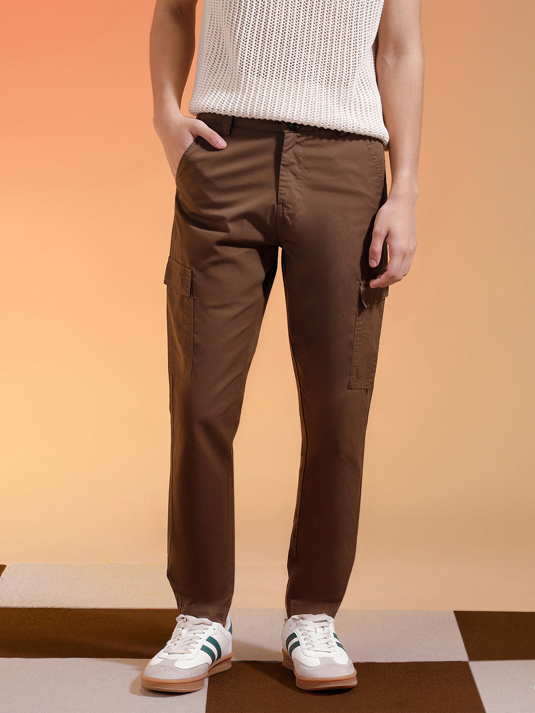 Brown Pure Woven Narrow Fit 5 Pocket Cargo