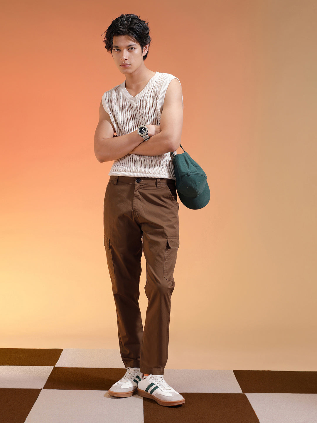 Brown Pure Woven Narrow Fit 5 Pocket Cargo