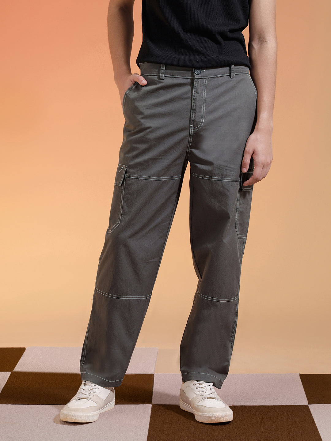 Grey Pure Woven Straight Fit 5 Pocket Cargo