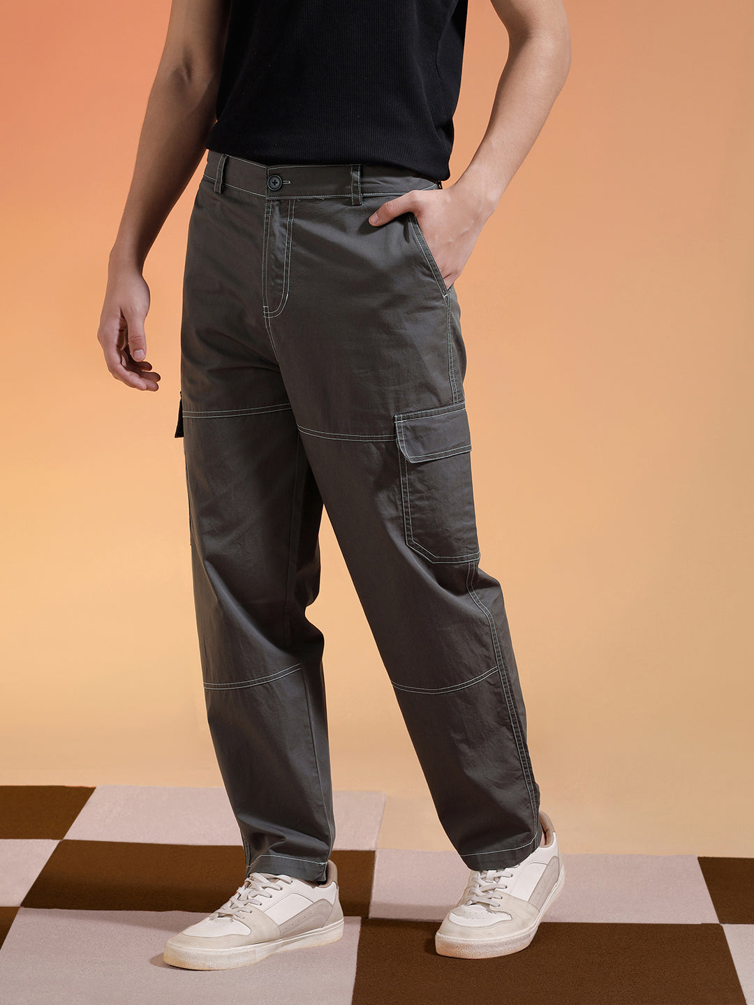 Grey Pure Woven Straight Fit 5 Pocket Cargo
