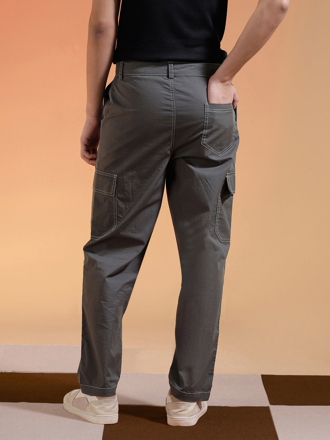 Grey Pure Woven Straight Fit 5 Pocket Cargo