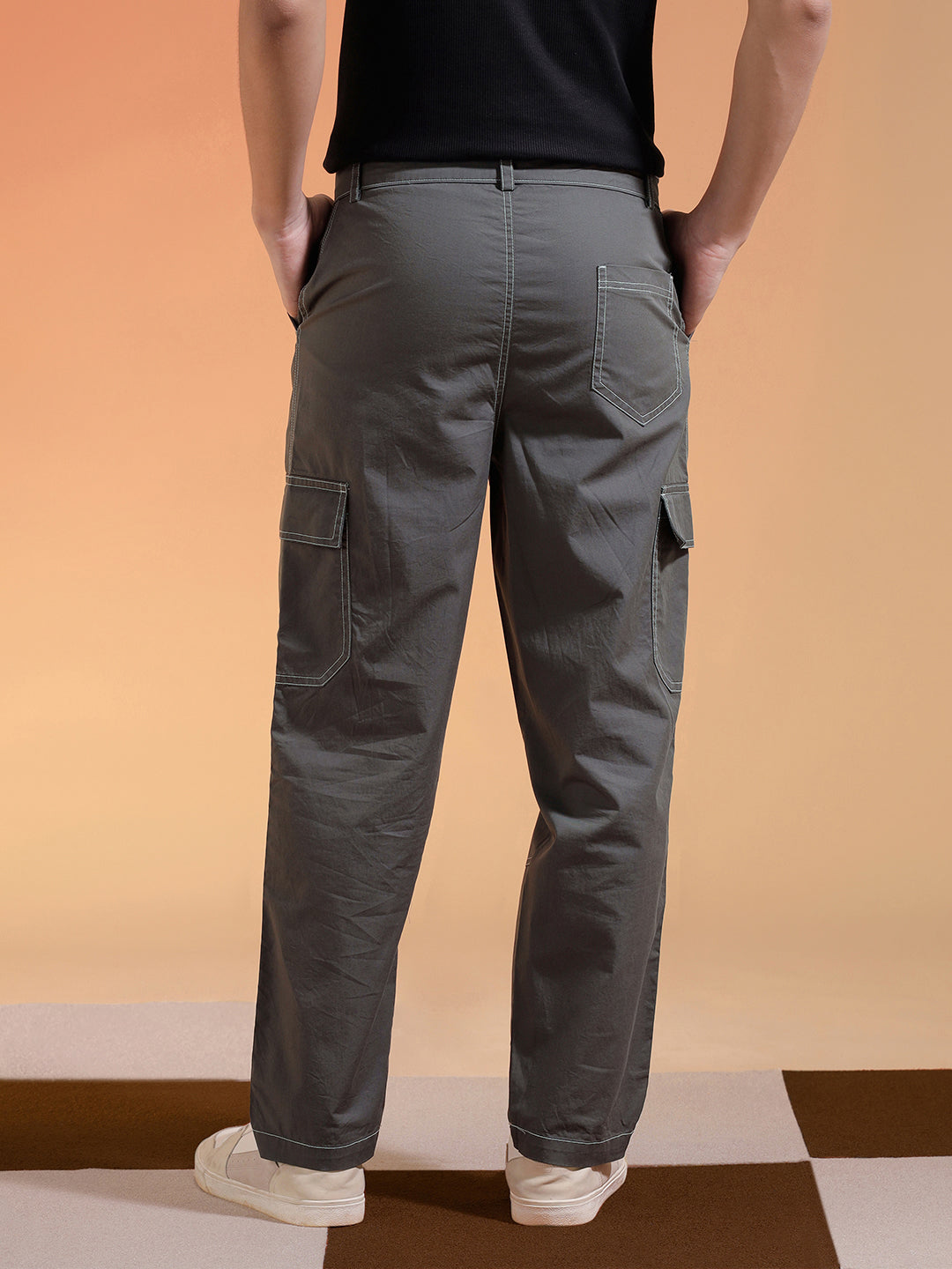 Grey Pure Woven Straight Fit 5 Pocket Cargo