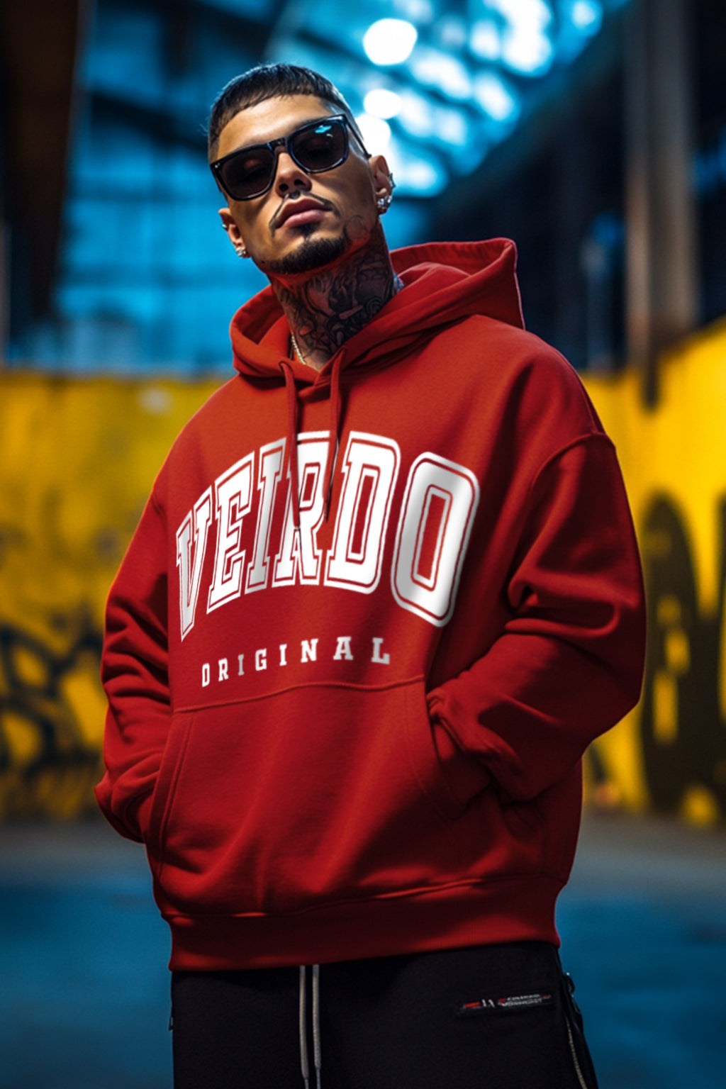 Veirdo Original Red Front Graphic Oversized Printed Hoodie