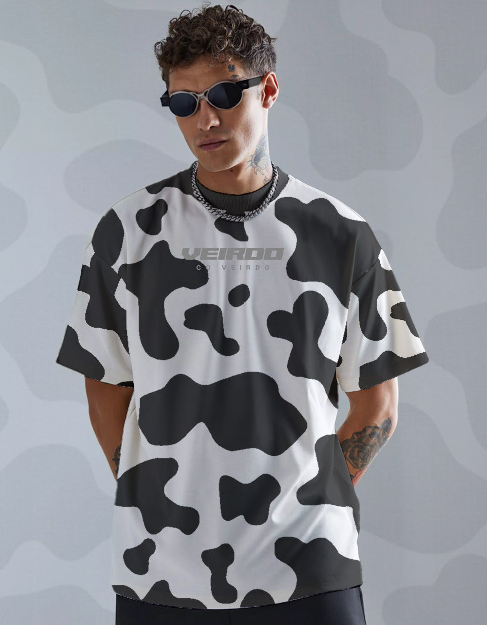 Cow Black Oversized All Over Animal Printed Half Sleeve Tshirt