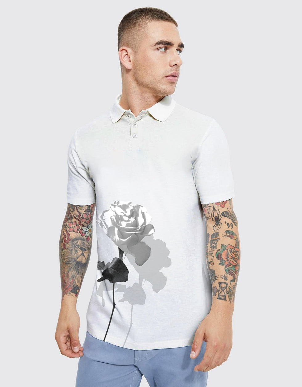 White Rose Printed Polo T-Shirt Veirdo