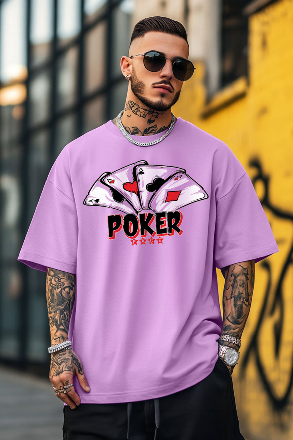 POKER Lilac Oversized Front Graphic Printed Tshirt