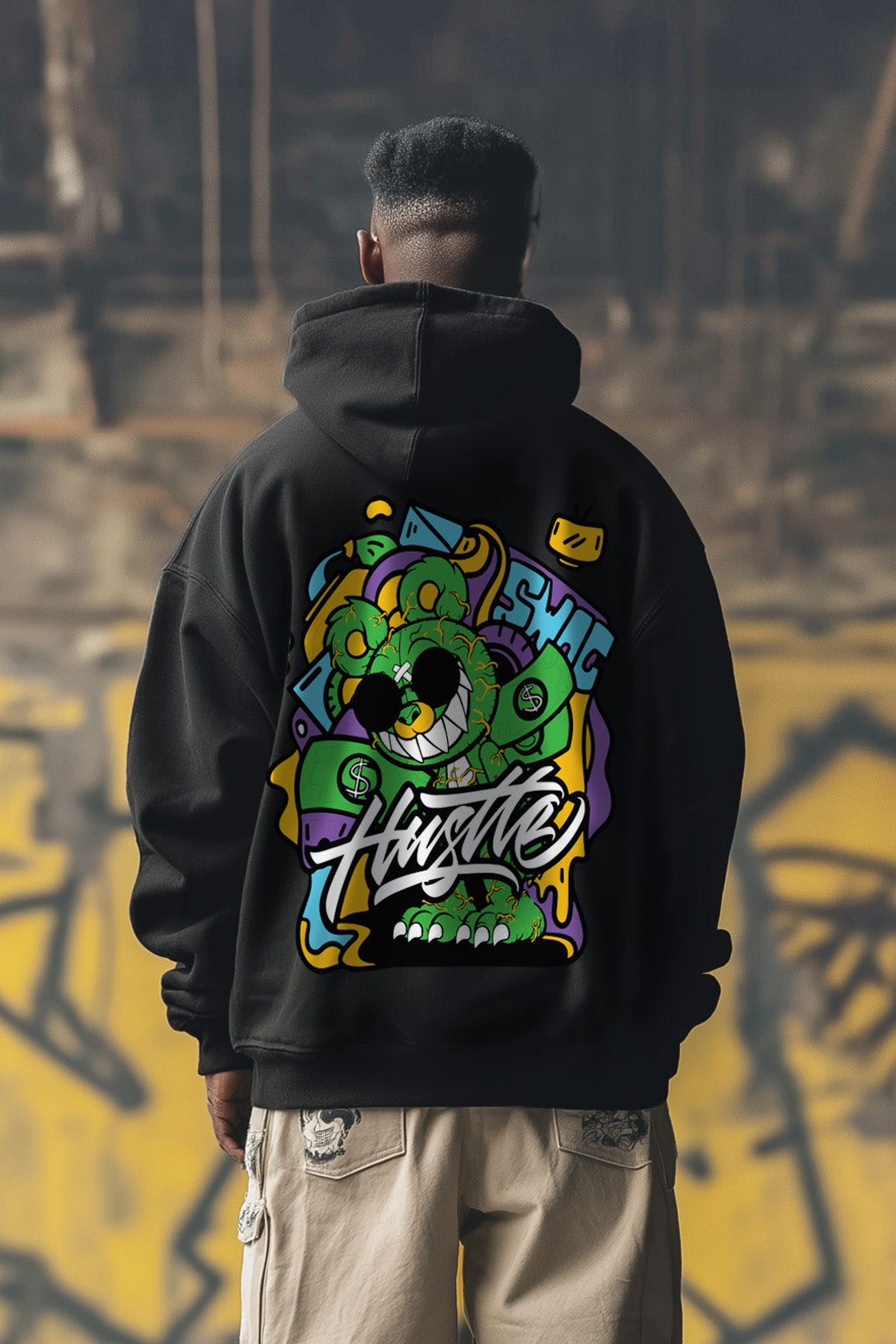 Hustle Black Oversized Back Graphic Printed Hoodie