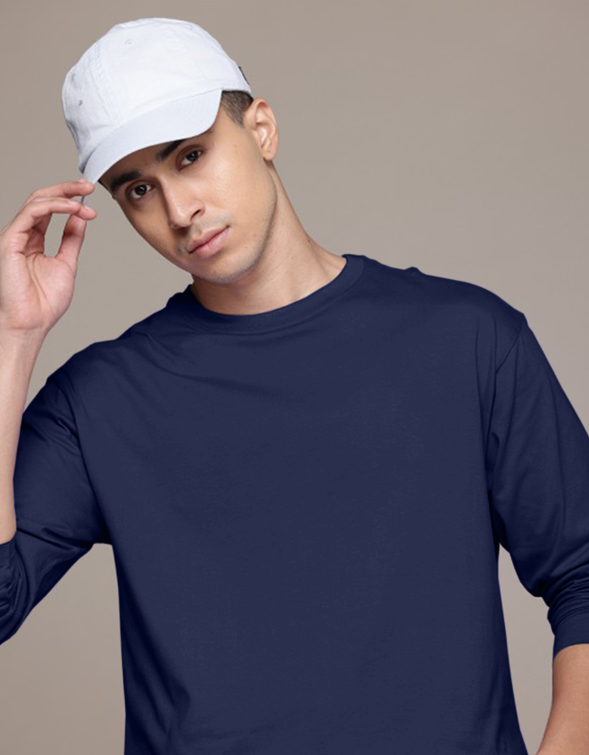 Navy Blue Plain Full Sleeves Regular Fit T-shirt