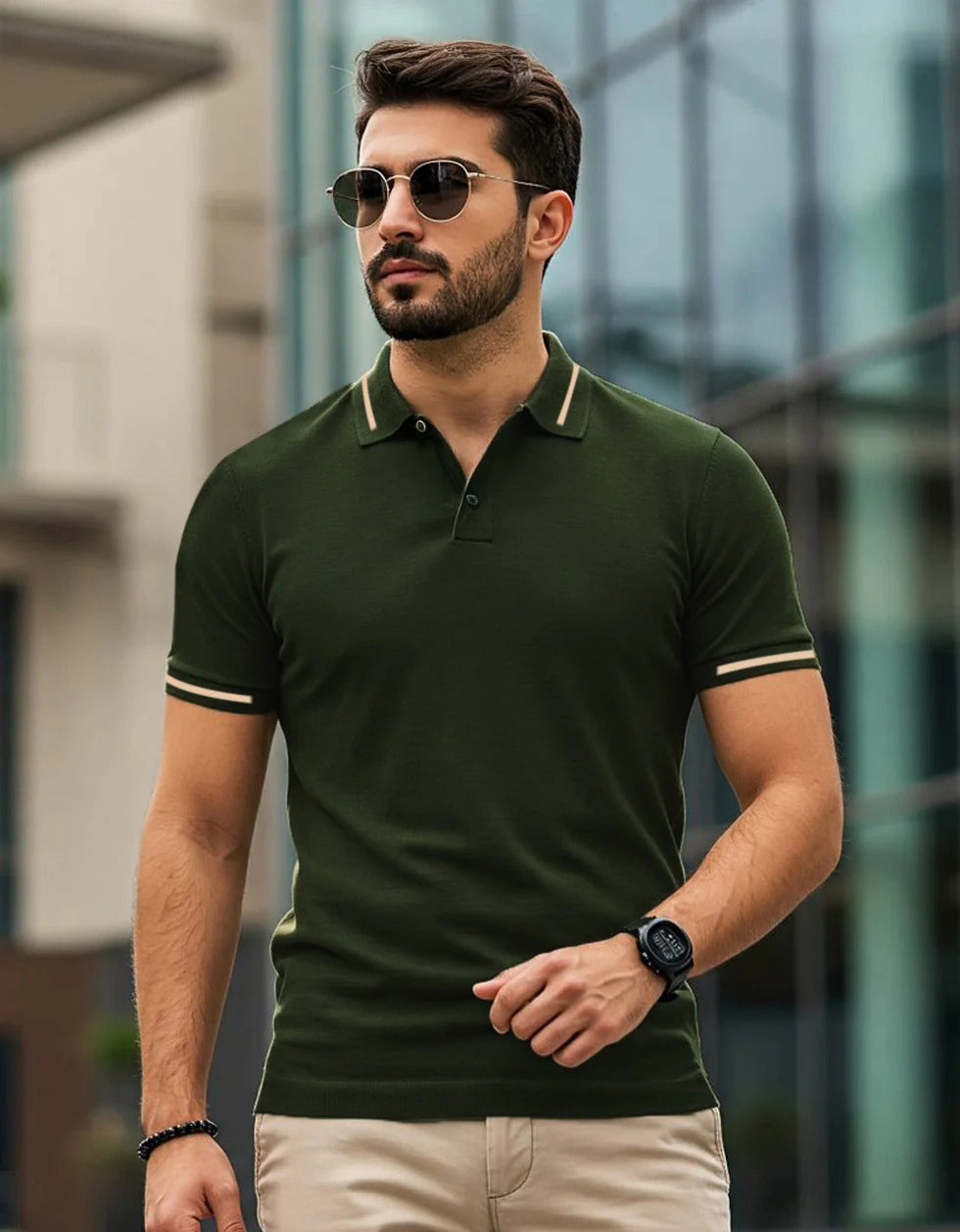Olive Pique Stripe Collar Regular Fit Tipping Polo T-shirt