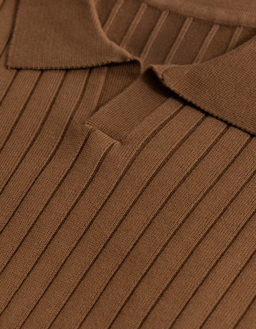 Brown Ribbed Flatknit Textured Regular Fit Exclusive Polo T-Shirt