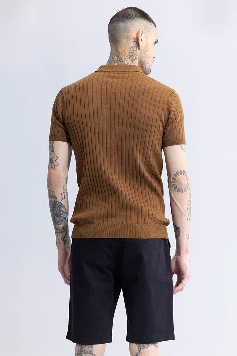 Brown Ribbed Flatknit Textured Regular Fit Exclusive Polo T-Shirt