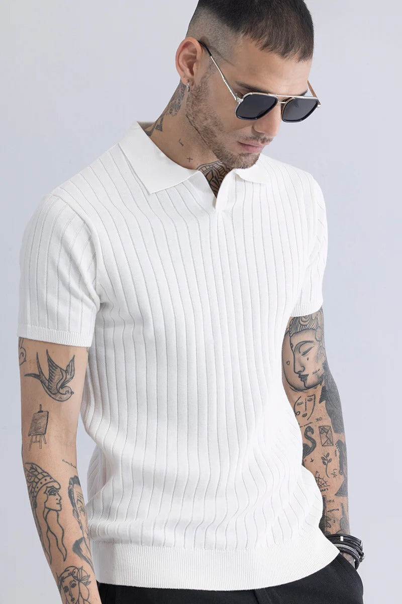 White Ribbed Flatknit Textured Regular Fit Exclusive Polo T-Shirt