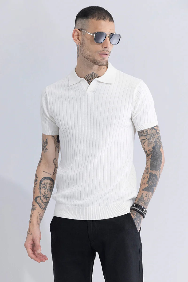 White Ribbed Flatknit Textured Regular Fit Exclusive Polo T-Shirt