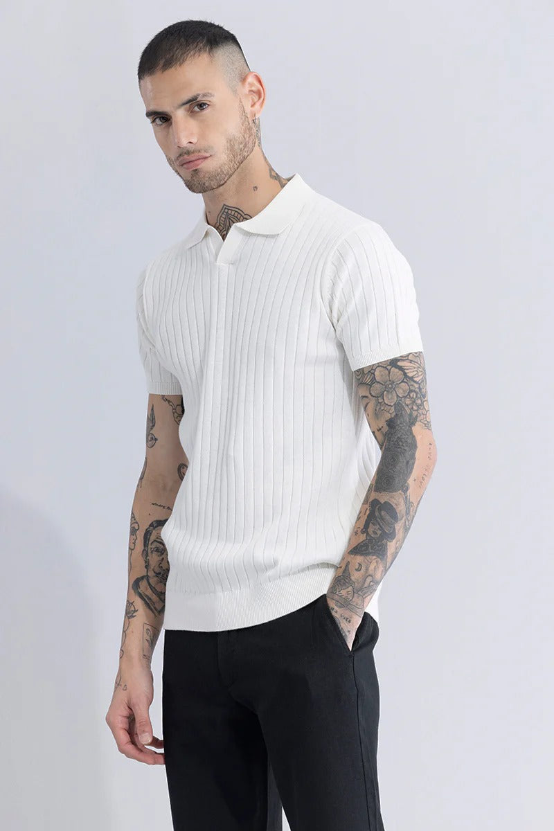 White Ribbed Flatknit Textured Regular Fit Exclusive Polo T-Shirt