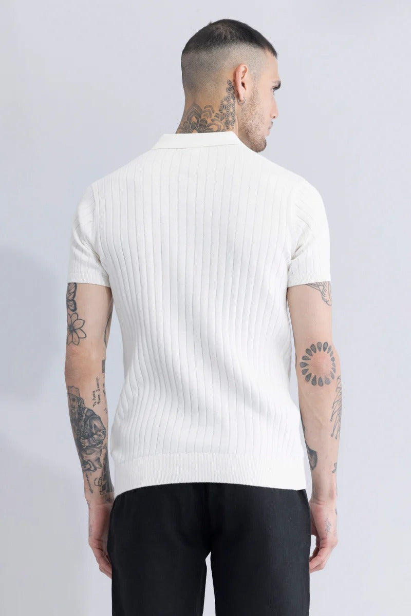 White Ribbed Flatknit Textured Regular Fit Exclusive Polo T-Shirt