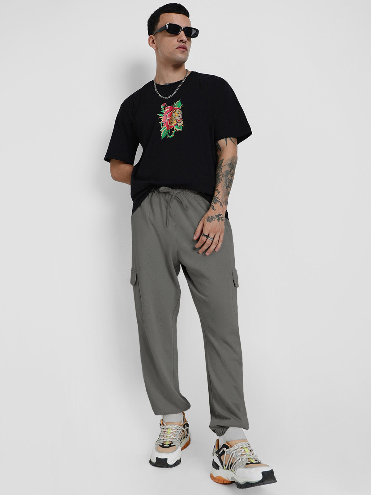 Charcoal Grey Solid Baggy Fit Cargo Joggers