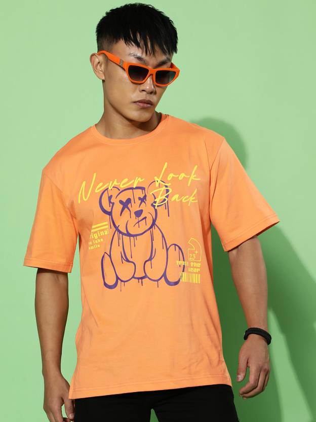 Orange Never Look Back Oversized Chest Graphic Printed Tshirt