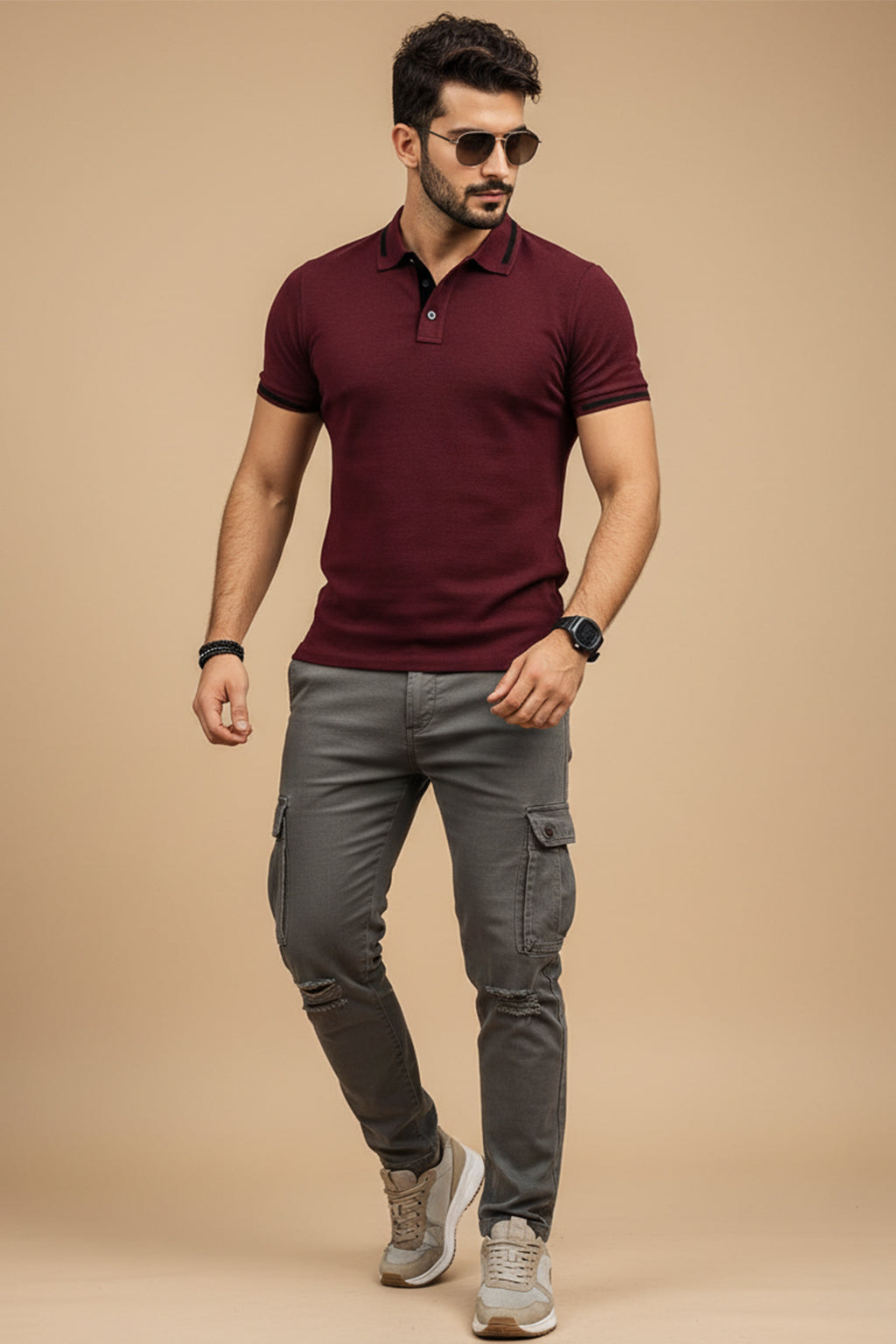Maroon Pique Stripe Collar Regular Fit Tipping Polo T-shirt