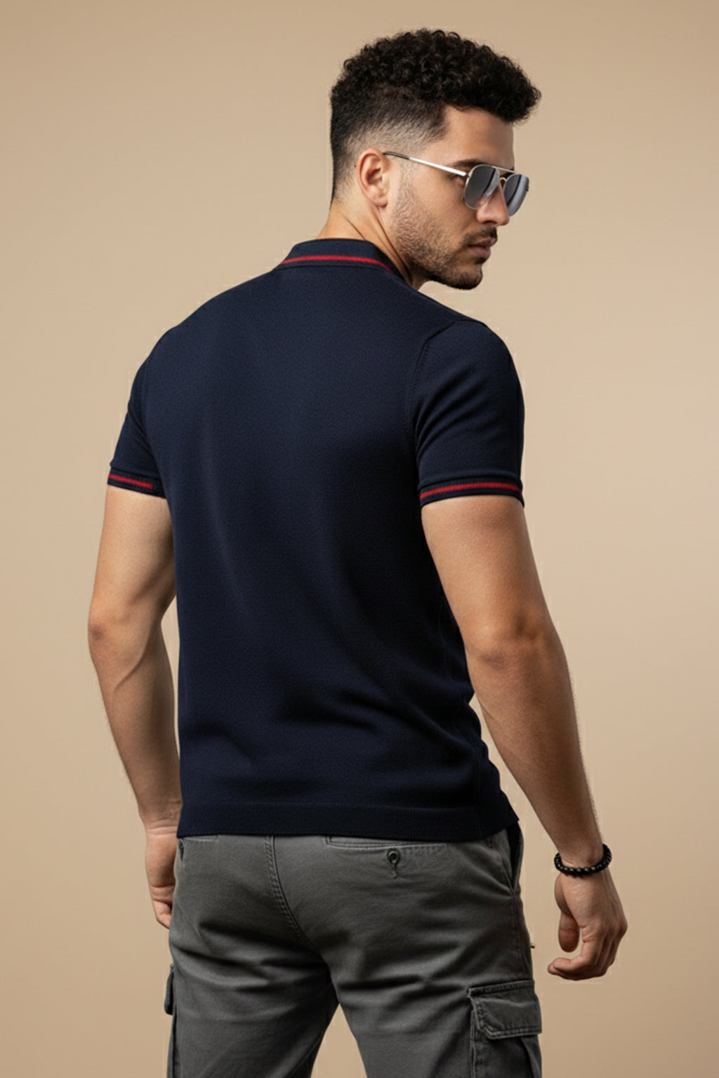Navy Pique Stripe Collar Regular Fit Tipping Polo T-shirt