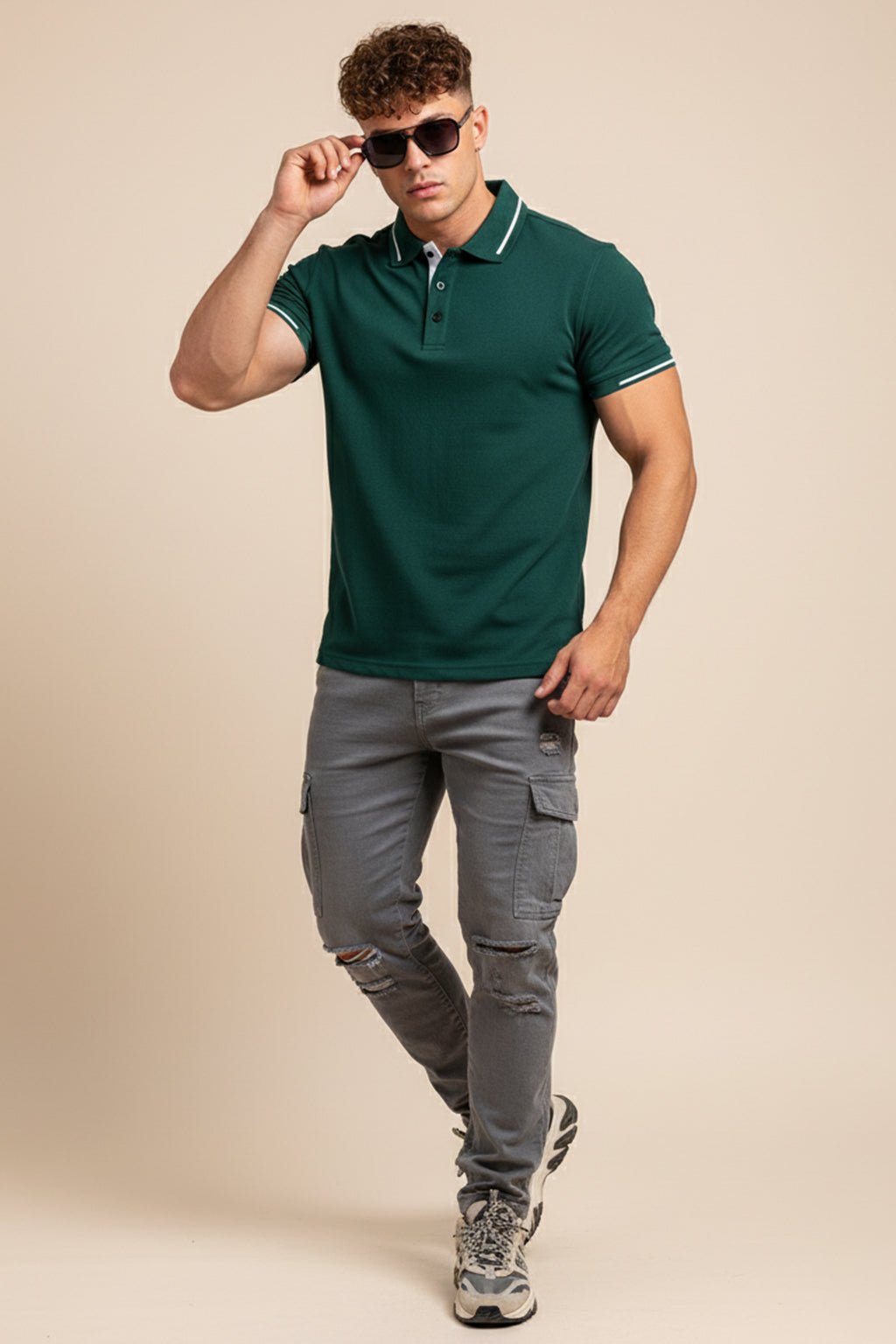 Green Pique Stripe Collar Regular Fit Tipping Polo T-shirt