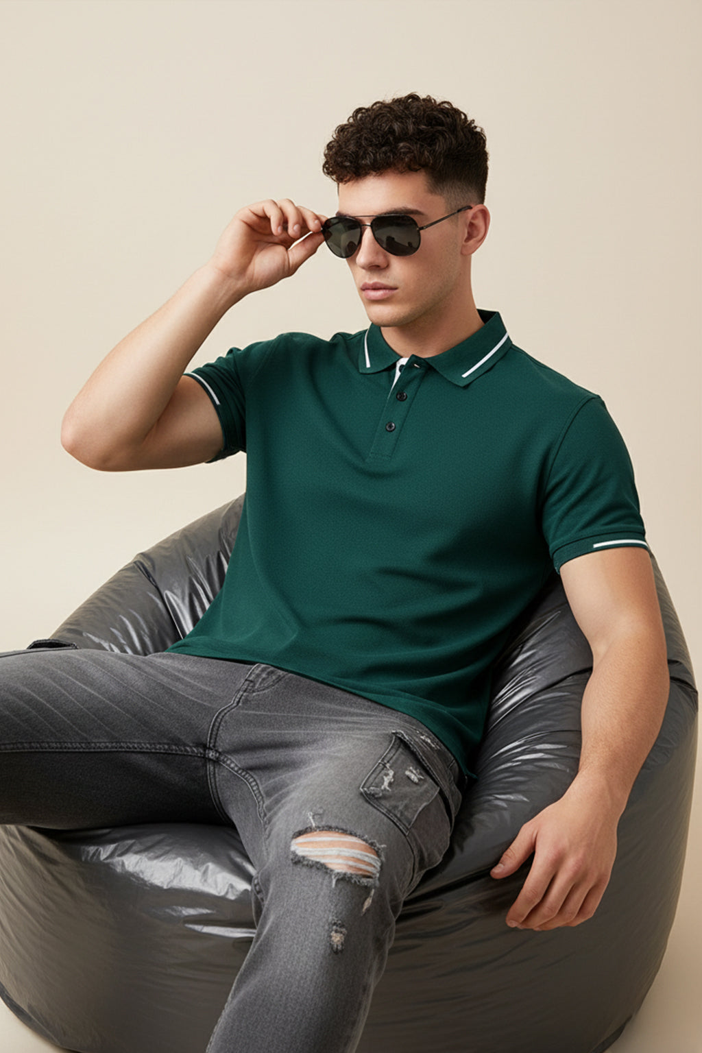 Green Pique Stripe Collar Regular Fit Tipping Polo T-shirt