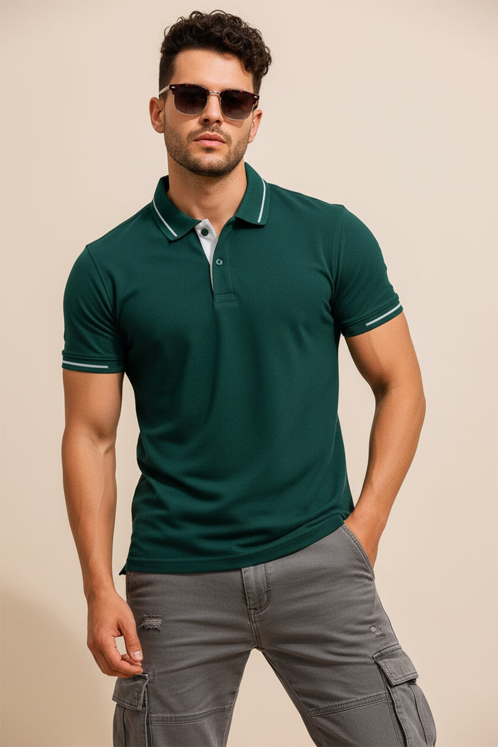 Green Pique Stripe Collar Regular Fit Tipping Polo T-shirt