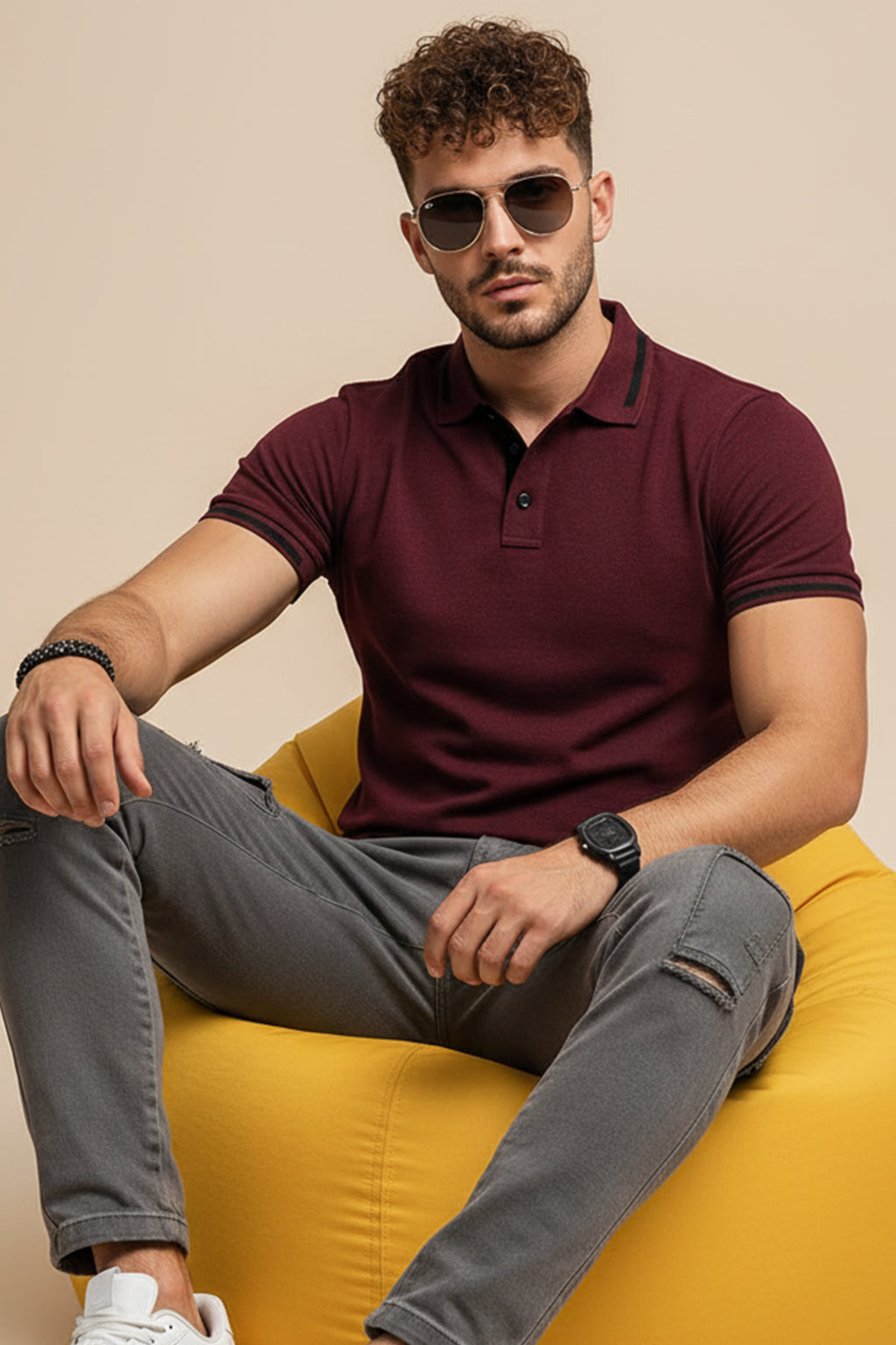 Maroon Pique Stripe Collar Regular Fit Tipping Polo T-shirt