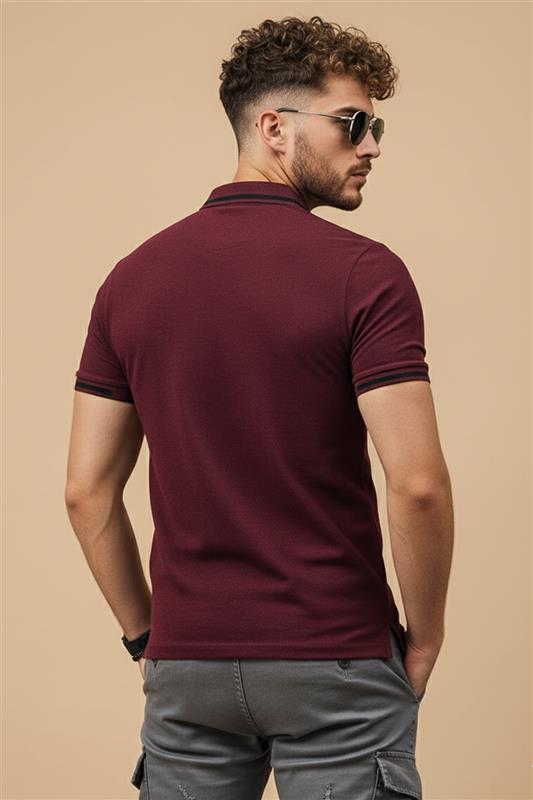 Maroon Pique Stripe Collar Regular Fit Tipping Polo T-shirt