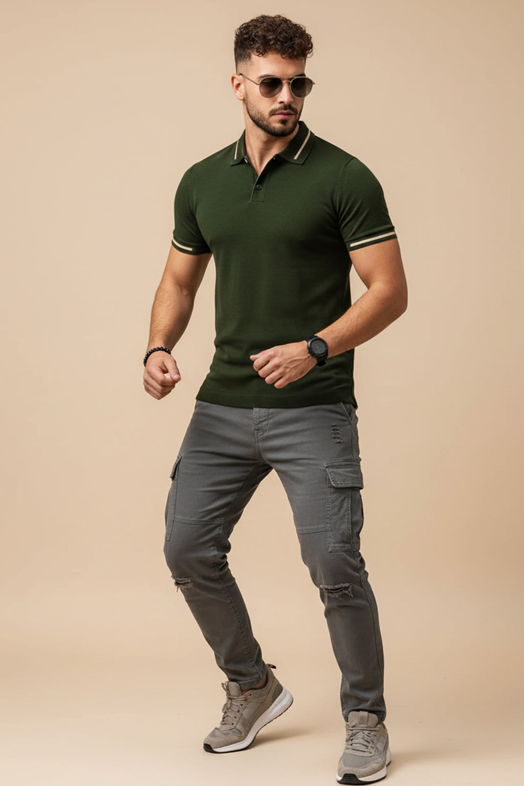Olive Pique Stripe Collar Regular Fit Tipping Polo T-shirt
