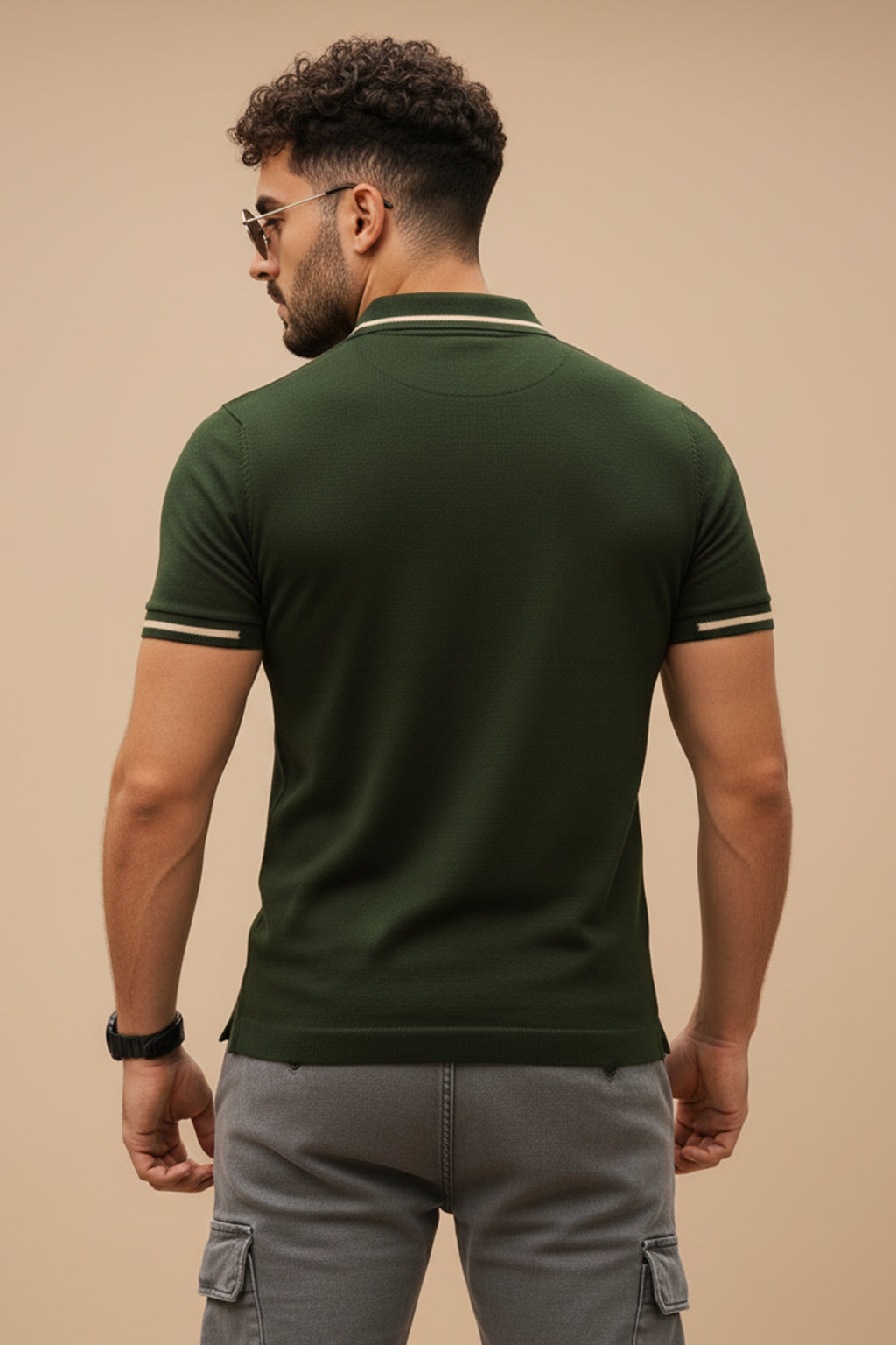 Olive Pique Stripe Collar Regular Fit Tipping Polo T-shirt