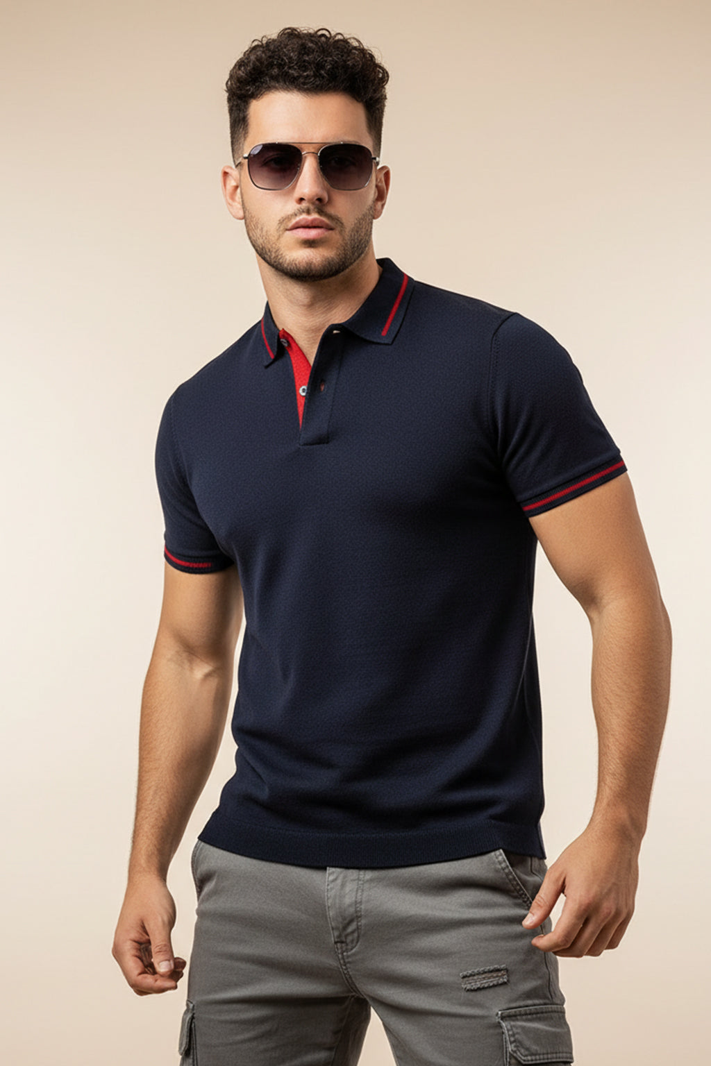 Navy Pique Stripe Collar Regular Fit Tipping Polo T-shirt