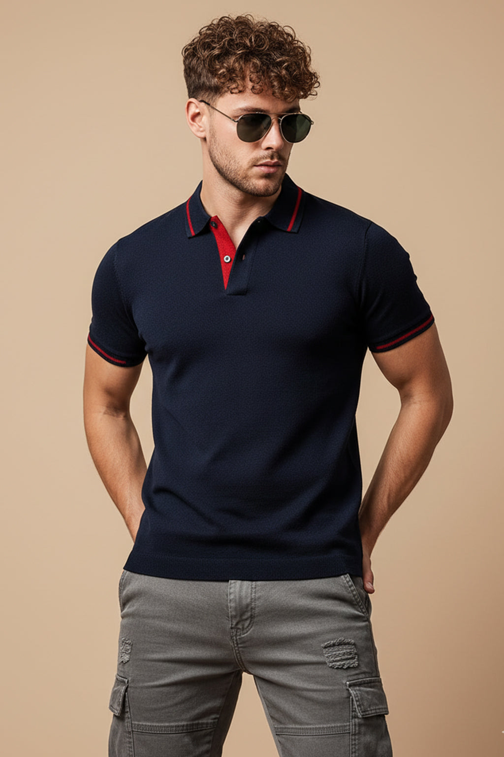 Navy Pique Stripe Collar Regular Fit Tipping Polo T-shirt