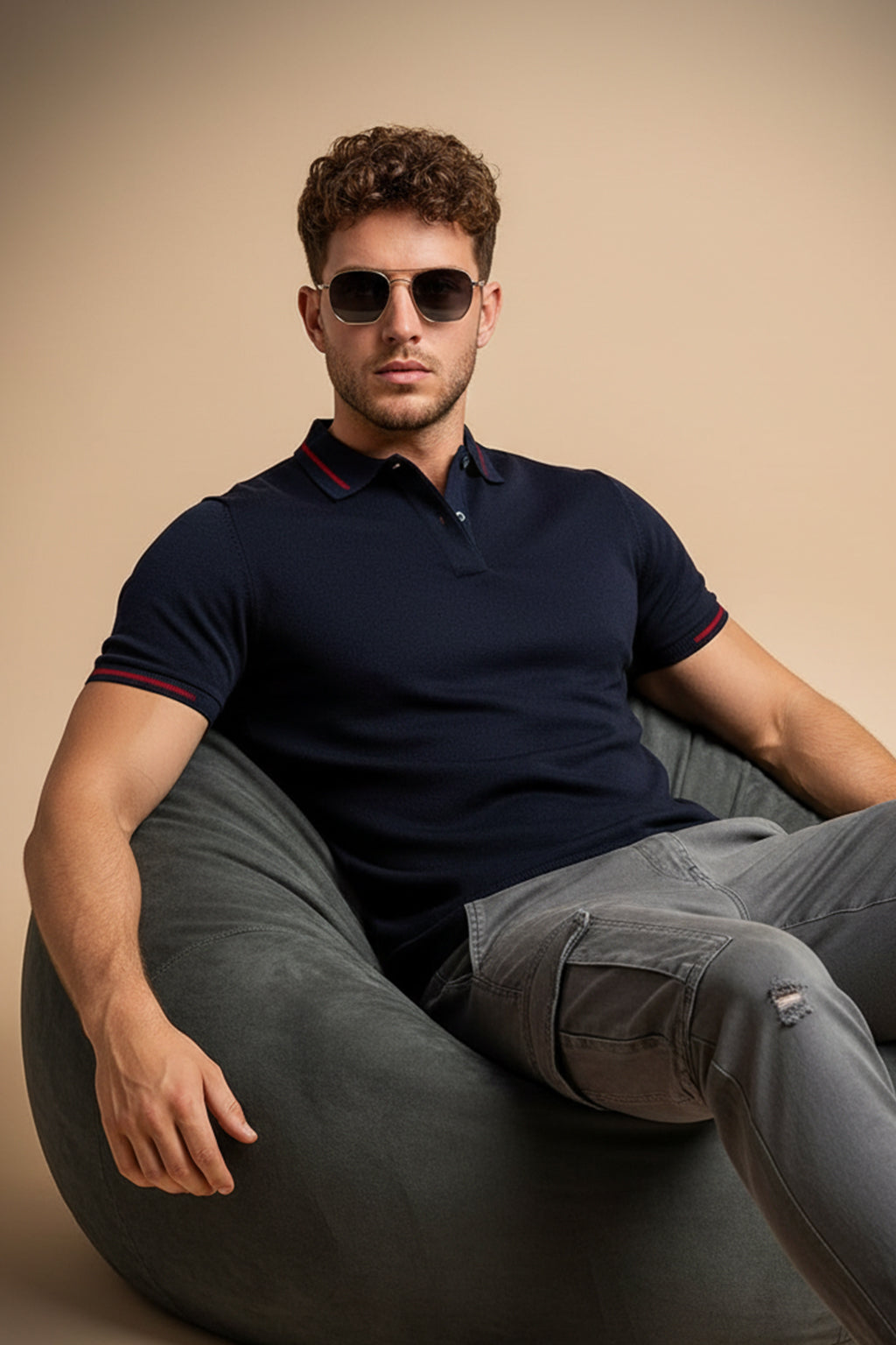 Navy Pique Stripe Collar Regular Fit Tipping Polo T-shirt
