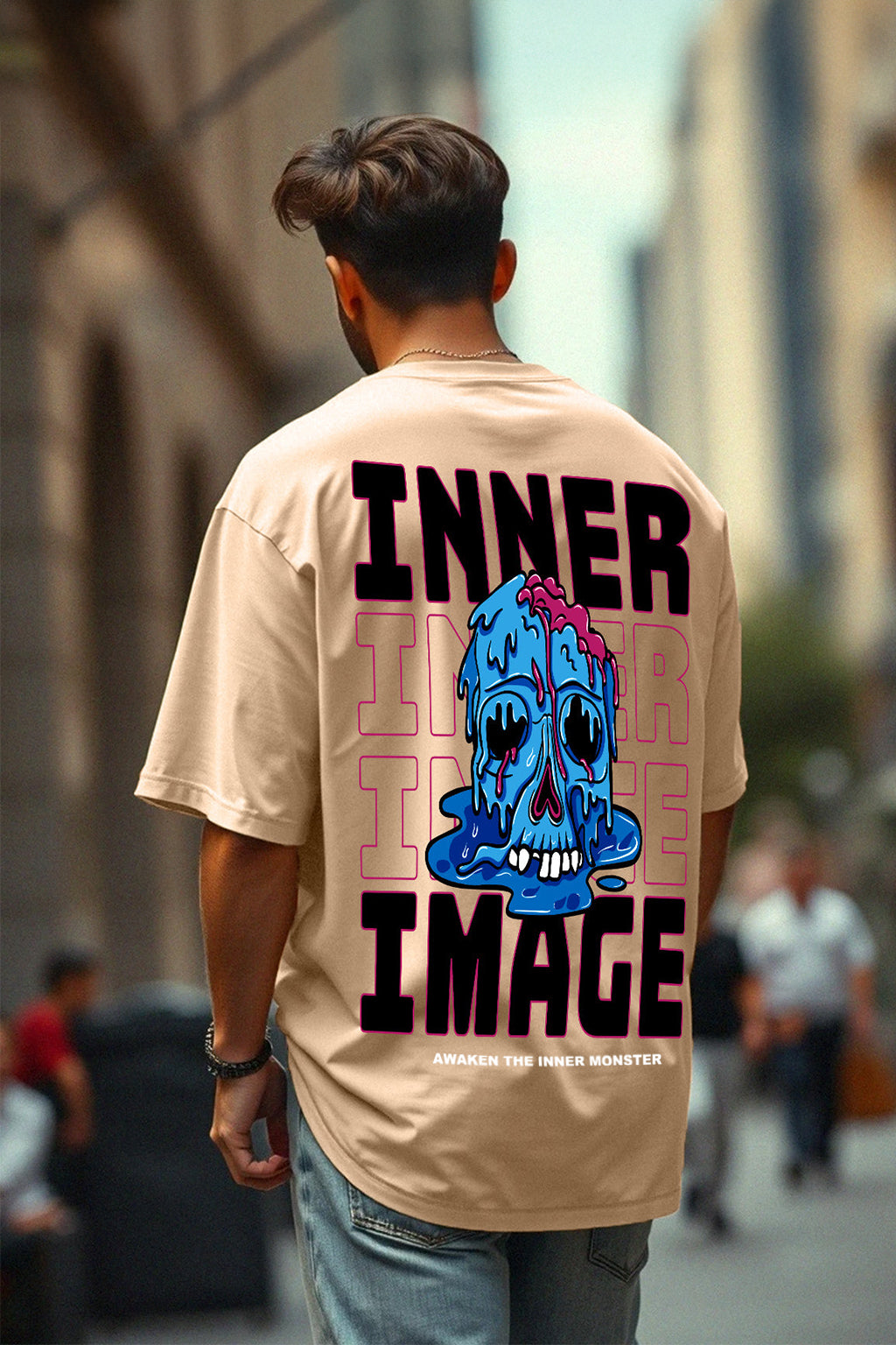 INNER IMAGE Beige Oversized Back Graphic Printed Tshirt