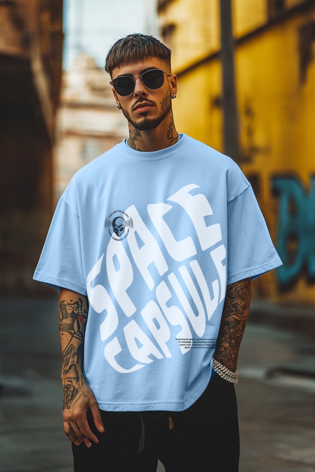 SPACE CAPSULE Blue Oversized Front Graphic Printed Tshirt