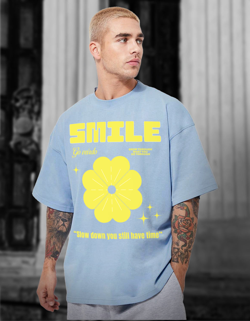 Smile Blue Oversized Chest Graphic Printed Tshirt